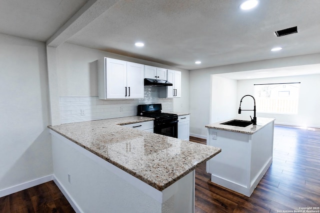kitchen featuring gas stove, an island with sink, under cabinet range hood, decorative backsplash, and a sink