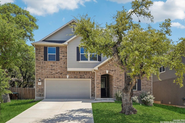 view of front facade featuring brick siding, an attached garage, fence, and concrete driveway