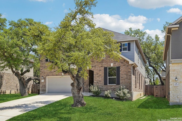 view of front facade featuring a garage, fence, a front lawn, brick siding, and driveway