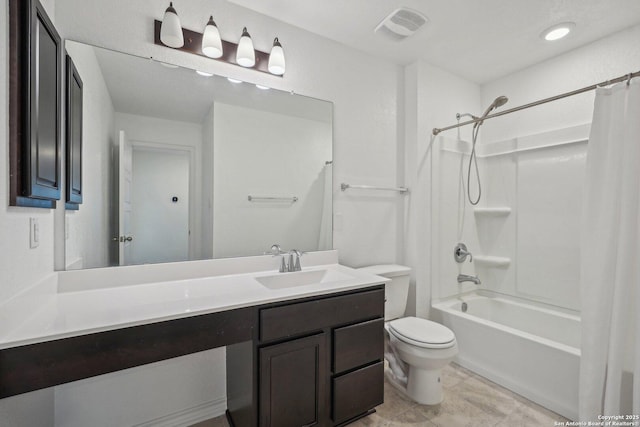 bathroom featuring shower / bath combo, vanity, visible vents, and toilet