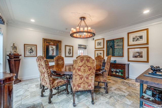 527 Thelma Dr, Olmos Park, TX 78212 - dining space featuring crown molding, an inviting chandelier, baseboards, and stone finish flooring