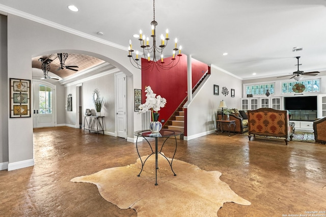 23954 Cibolo Vw, San Antonio, TX 78266 - entryway with arched walkways, ceiling fan with notable chandelier, and baseboards