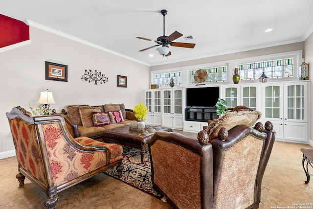 23954 Cibolo Vw, San Antonio, TX 78266 - living room featuring crown molding, a ceiling fan, carpet, and recessed lighting