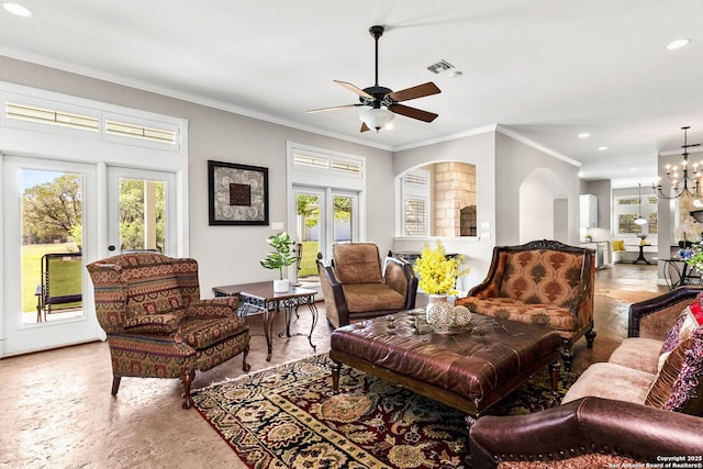 23954 Cibolo Vw, San Antonio, TX 78266 - living room featuring a healthy amount of sunlight, ornamental molding, and visible vents