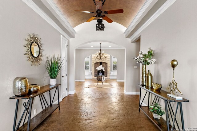 23954 Cibolo Vw, San Antonio, TX 78266 - foyer entrance with lofted ceiling, baseboards, ceiling fan, arched walkways, and finished concrete floors