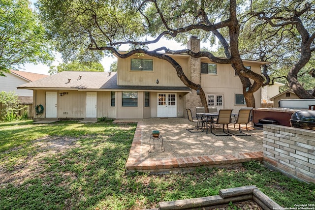 2910 Bee Cave, San Antonio, TX 78231 - rear view of property with a chimney, a patio, fence, french doors, and roof with shingles