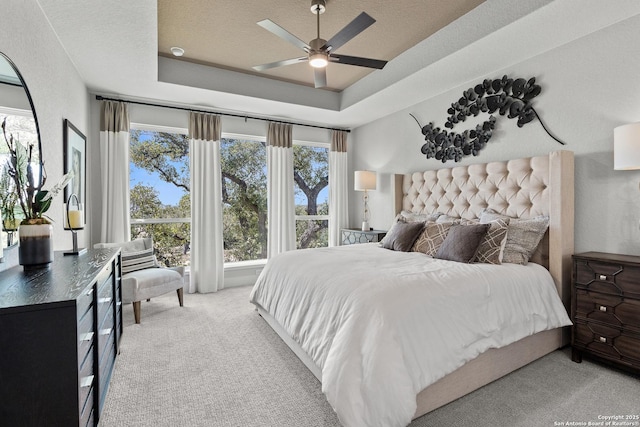 bedroom featuring carpet, multiple windows, and a raised ceiling
