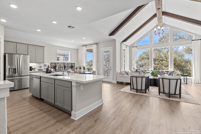 kitchen with visible vents, a sink, light countertops, appliances with stainless steel finishes, and gray cabinets