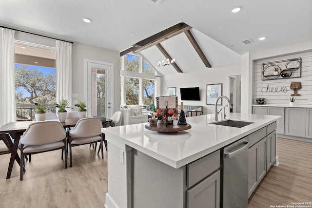 kitchen with visible vents, lofted ceiling with beams, a sink, open floor plan, and gray cabinetry