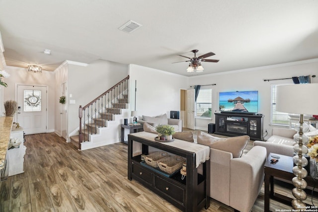 living room featuring crown molding, light wood-style flooring, a ceiling fan, visible vents, and stairway