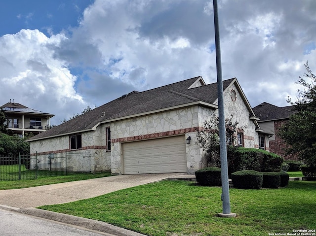 20918 Cactus Rdg, San Antonio, TX 78258 - view of front facade featuring a garage, fence, stone siding, a front lawn, and driveway