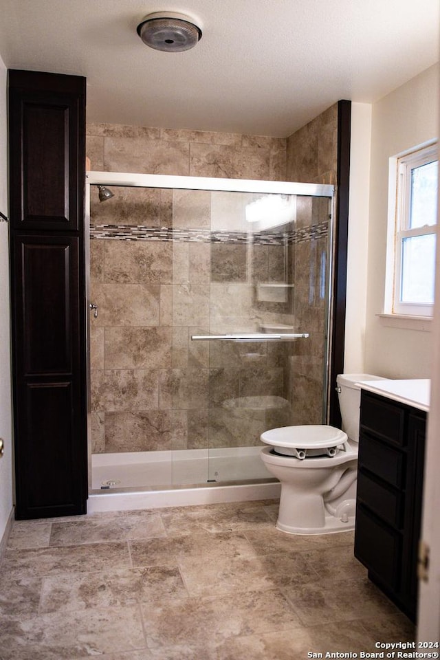 bathroom featuring toilet, a stall shower, and vanity