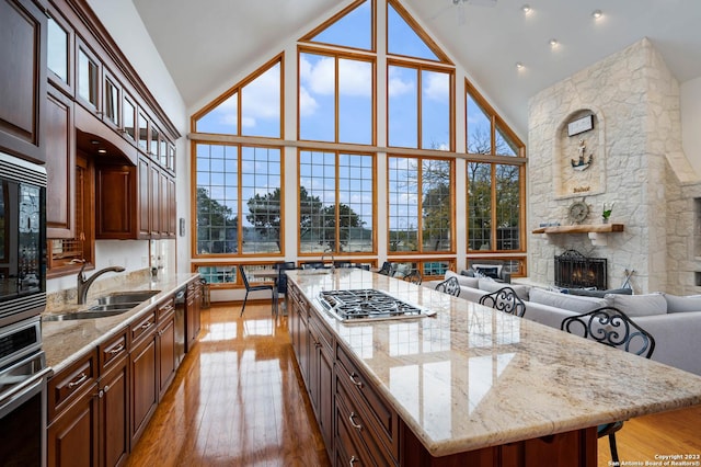 275 Lookout Dr, Lakehills, TX 78063 - kitchen with a sink, appliances with stainless steel finishes, a fireplace, light wood-style flooring, and high vaulted ceiling