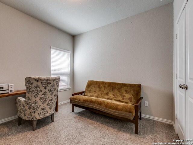 sitting room with carpet flooring and baseboards