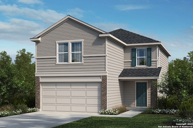 traditional-style home with brick siding, roof with shingles, an attached garage, and concrete driveway