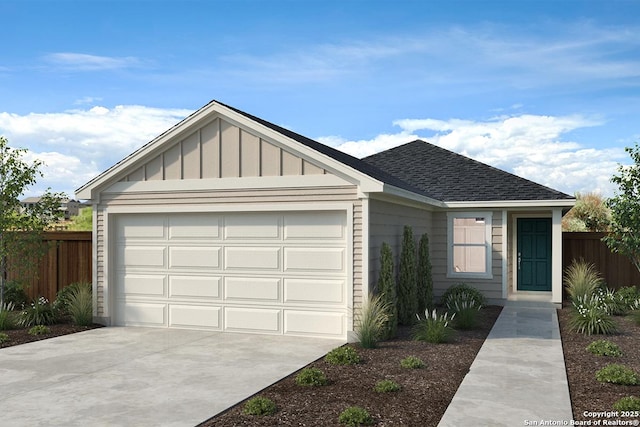 ranch-style house featuring board and batten siding, concrete driveway, a garage, and fence