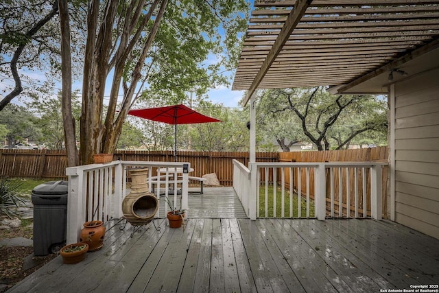 wooden terrace with a pergola and a fenced backyard