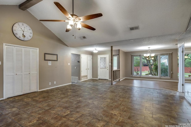 unfurnished living room with baseboards, a chandelier, ceiling fan, high vaulted ceiling, and beam ceiling
