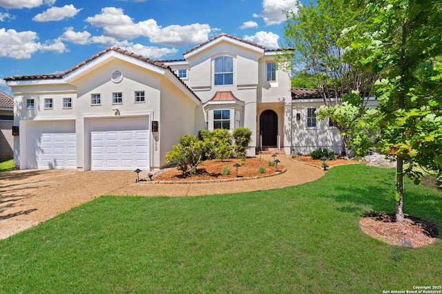 19211 Tierra Cv, San Antonio, TX 78258 - mediterranean / spanish house featuring an attached garage, metal roof, stucco siding, a front lawn, and driveway
