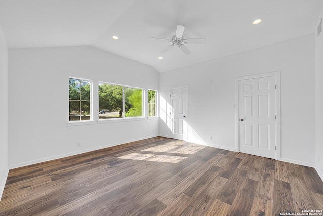 19211 Tierra Cv, San Antonio, TX 78258 - empty room with baseboards, recessed lighting, a ceiling fan, dark wood-type flooring, and lofted ceiling
