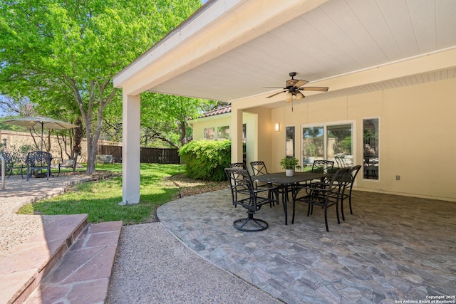 19211 Tierra Cv, San Antonio, TX 78258 - view of patio / terrace featuring outdoor dining space, ceiling fan, and fence