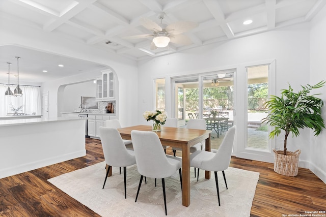 19211 Tierra Cv, San Antonio, TX 78258 - dining room featuring coffered ceiling, ceiling fan, dark wood-style floors, and recessed lighting