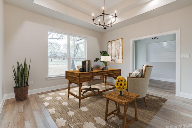 200 Bobby Lynn, Adkins, TX 78101 - office featuring light wood finished floors, baseboards, an inviting chandelier, and a raised ceiling