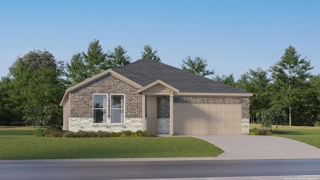ranch-style house featuring a garage, concrete driveway, brick siding, and a front lawn