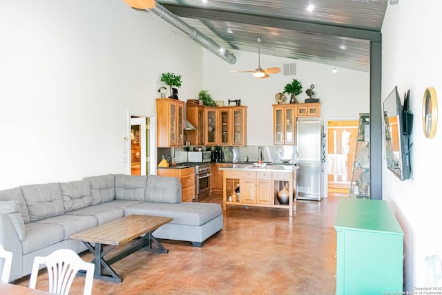 320 Overland Trl W, Hunt, TX 78024 - living room featuring high vaulted ceiling, finished concrete flooring, visible vents, and ceiling fan