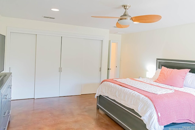 320 Overland Trl W, Hunt, TX 78024 - bedroom with a closet, recessed lighting, finished concrete flooring, a ceiling fan, and visible vents
