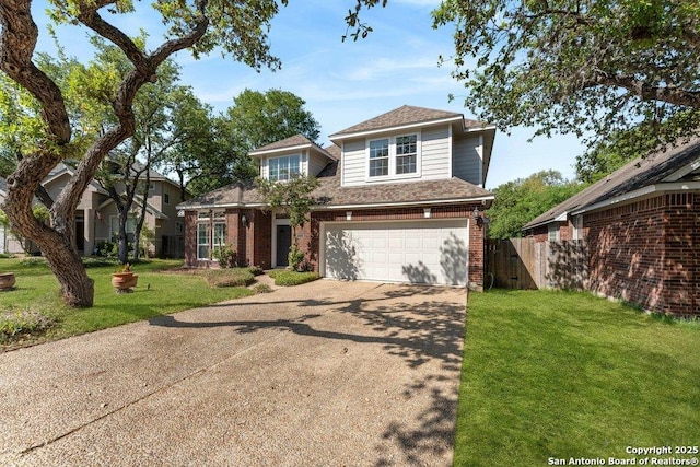 2047 Thicket Trail Dr, San Antonio, TX 78248 - traditional-style home with a front yard, a garage, fence, brick siding, and driveway