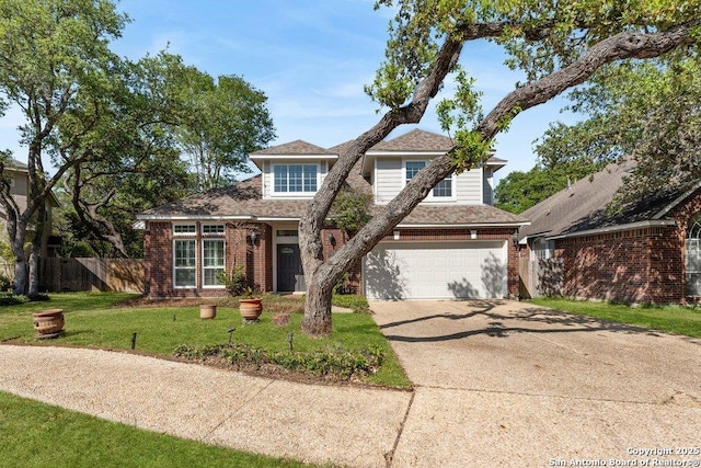 2047 Thicket Trail Dr, San Antonio, TX 78248 - traditional-style home featuring a garage, fence, a front lawn, brick siding, and concrete driveway
