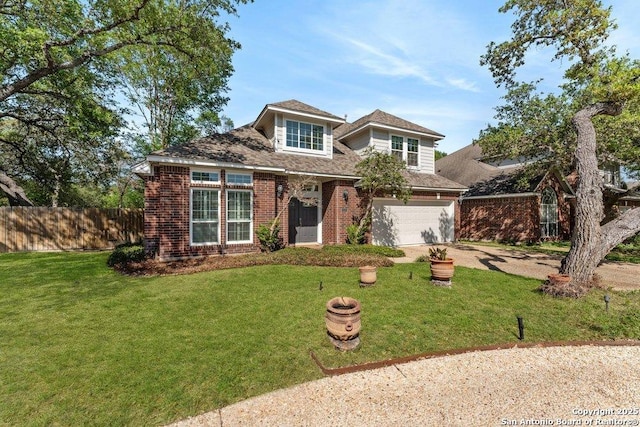 2047 Thicket Trail Dr, San Antonio, TX 78248 - traditional-style house featuring an attached garage, a front yard, fence, and brick siding
