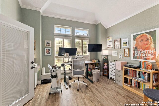 2047 Thicket Trail Dr, San Antonio, TX 78248 - office featuring ornamental molding and light wood-type flooring