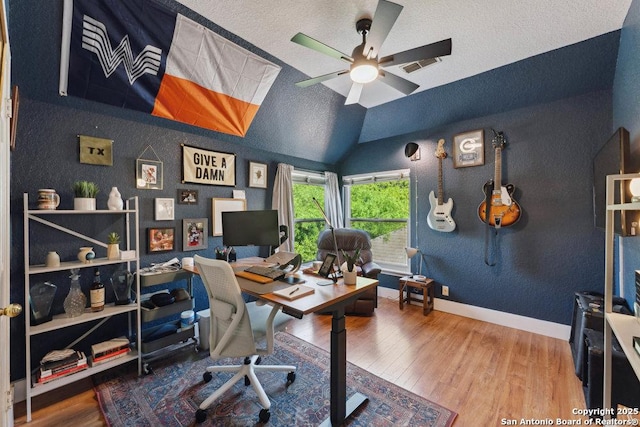 2047 Thicket Trail Dr, San Antonio, TX 78248 - office space with ceiling fan, vaulted ceiling, wood finished floors, and a textured ceiling