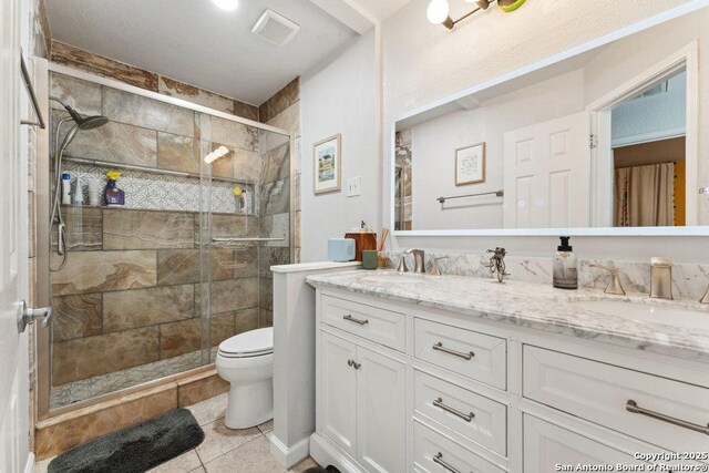 2047 Thicket Trail Dr, San Antonio, TX 78248 - bathroom with double vanity, a stall shower, toilet, visible vents, and a sink