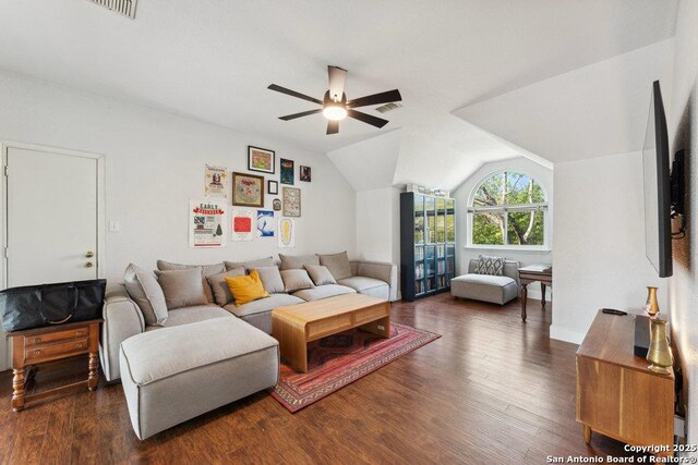 2047 Thicket Trail Dr, San Antonio, TX 78248 - living area featuring wood finished floors, visible vents, a ceiling fan, and lofted ceiling