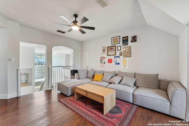 2047 Thicket Trail Dr, San Antonio, TX 78248 - living area featuring visible vents, a ceiling fan, wood finished floors, and decorative columns