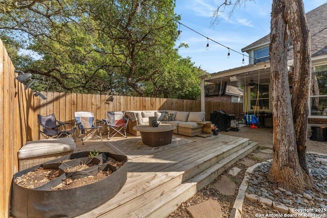 2047 Thicket Trail Dr, San Antonio, TX 78248 - deck with a fenced backyard and an outdoor living space with a fire pit