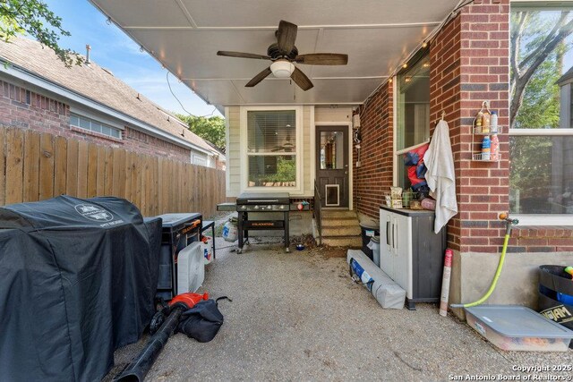 2047 Thicket Trail Dr, San Antonio, TX 78248 - view of patio featuring entry steps, ceiling fan, fence, and area for grilling
