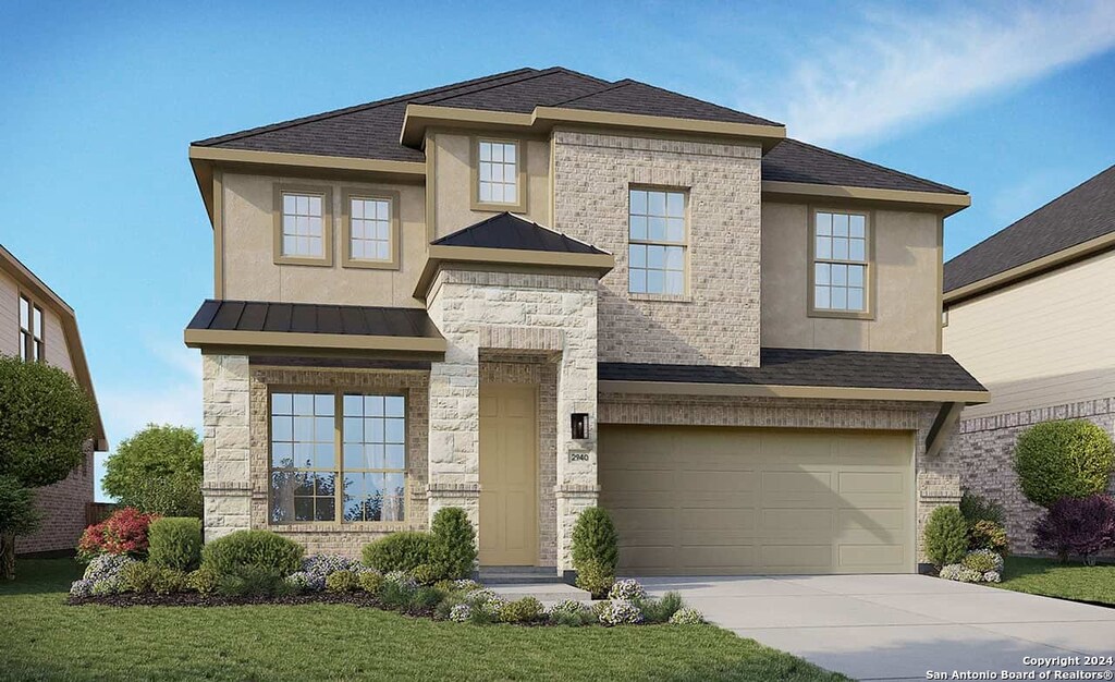2088 Adeline Way, New Braunfels, TX 78130 - view of front facade featuring a garage, stucco siding, stone siding, and concrete driveway