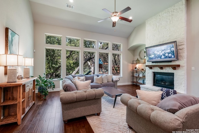 4111 Monteverde Run, San Antonio, TX 78261 - living area featuring a ceiling fan, visible vents, high vaulted ceiling, and a healthy amount of sunlight