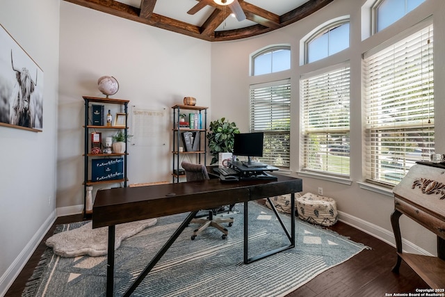 4111 Monteverde Run, San Antonio, TX 78261 - home office with beamed ceiling, ceiling fan, wood finished floors, coffered ceiling, and baseboards