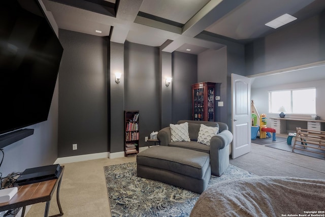 4111 Monteverde Run, San Antonio, TX 78261 - carpeted living room featuring beamed ceiling, baseboards, and coffered ceiling