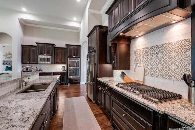 4111 Monteverde Run, San Antonio, TX 78261 - kitchen with exhaust hood, a sink, ornamental molding, appliances with stainless steel finishes, and backsplash