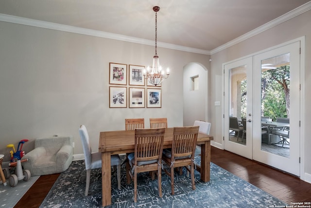 4111 Monteverde Run, San Antonio, TX 78261 - dining space featuring an inviting chandelier, french doors, ornamental molding, and wood finished floors