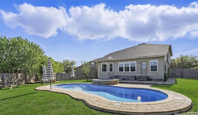 2441 Ibis, New Braunfels, TX 78130 - view of swimming pool featuring entry steps, a fenced backyard, a fenced in pool, and a lawn
