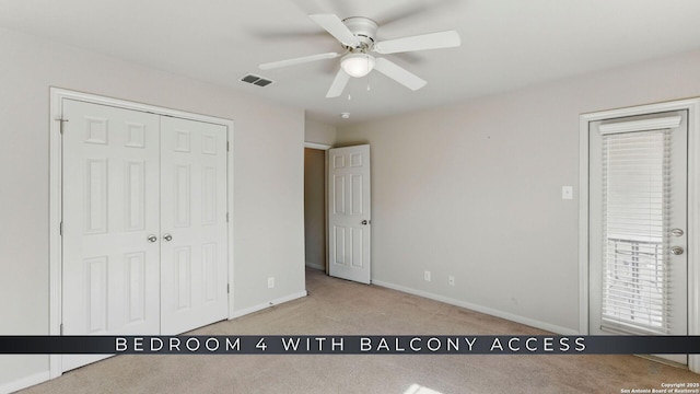 2441 Ibis, New Braunfels, TX 78130 - unfurnished bedroom featuring ceiling fan, carpet, a closet, visible vents, and baseboards