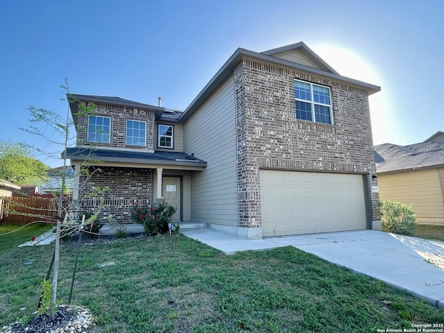 8131 Falcon Mdw, Converse, TX 78109 - view of front facade with an attached garage, fence, brick siding, a front lawn, and driveway