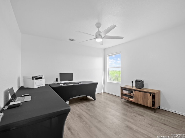 603 Vermilion, San Antonio, TX 78221 - home office featuring visible vents, ceiling fan, wood finished floors, and baseboards